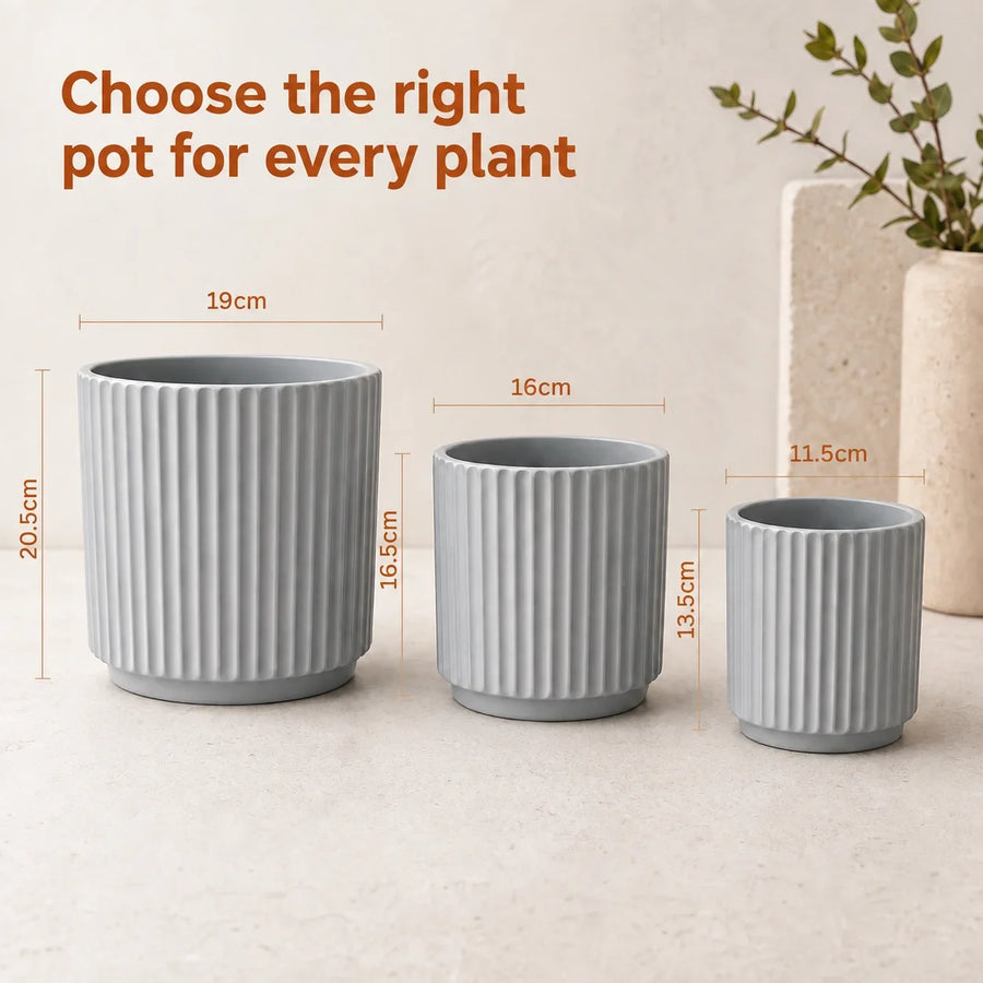 Elaris Ribbed Ceramic Planter Set - Timeless Grey, Set of 3