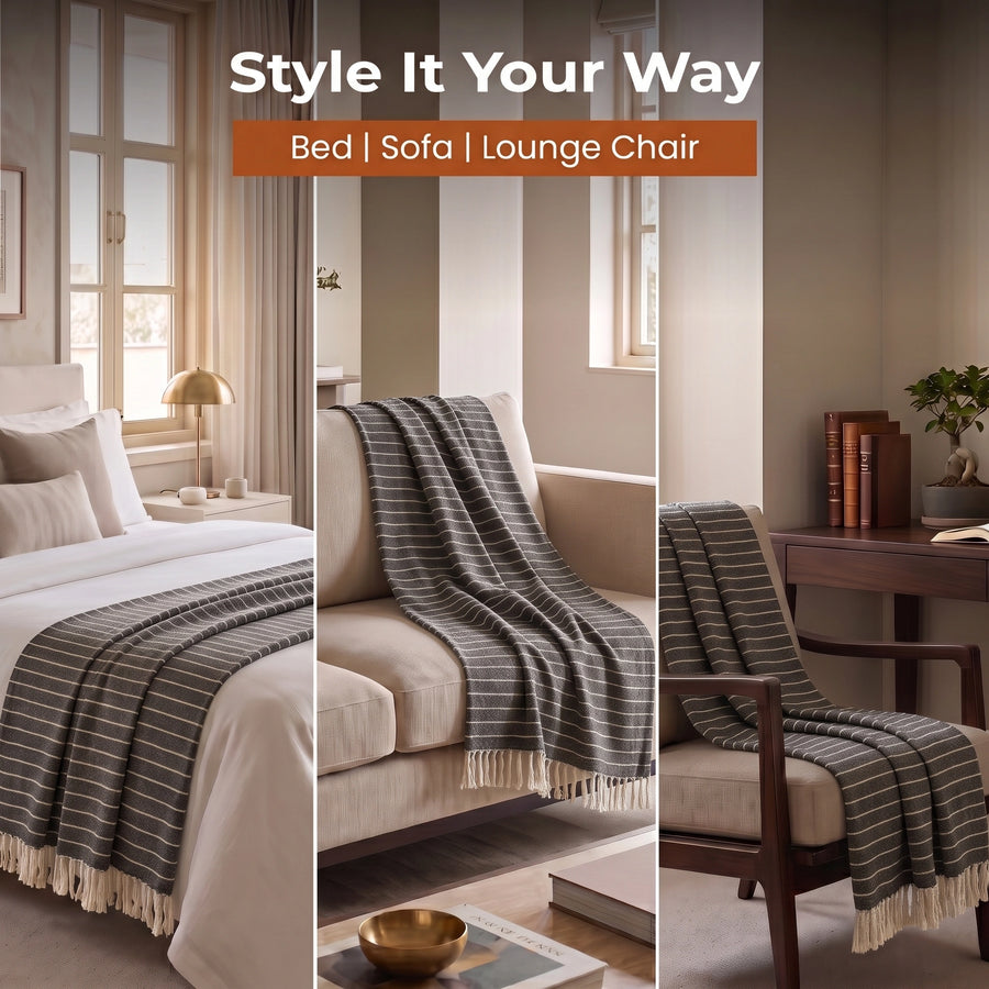 Elaris Grey Pinstripe Grid Throw