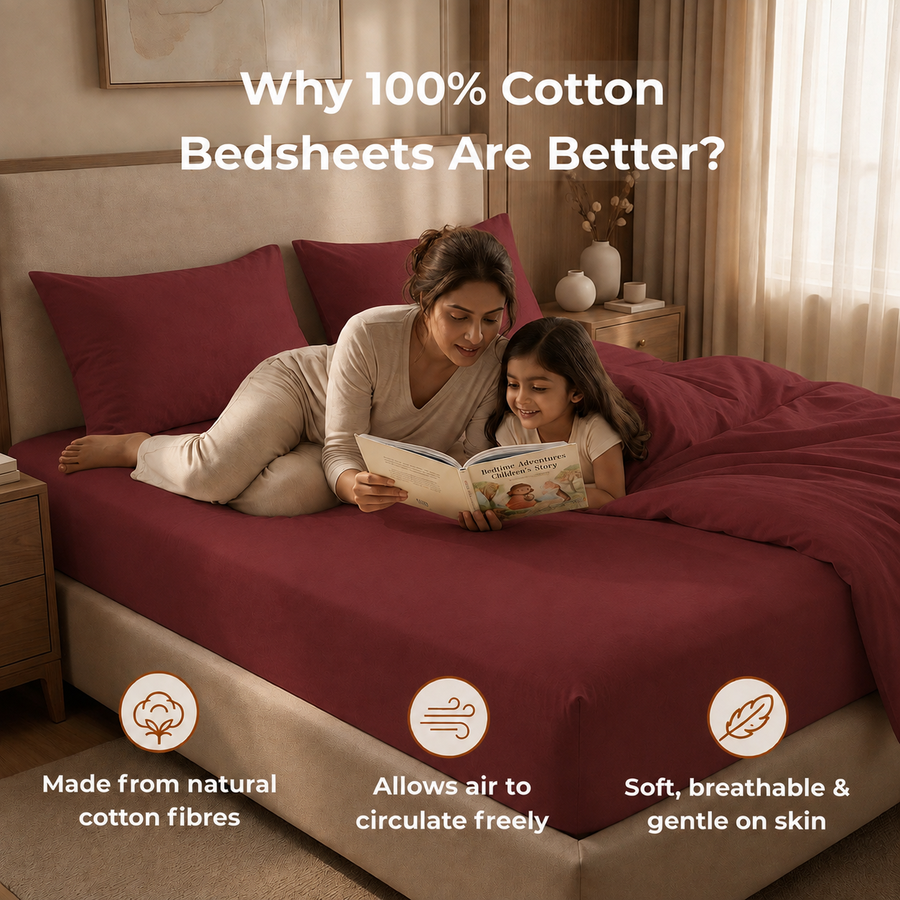 Elaris Solid Maroon King Fitted 100% Cotton Bedsheet Set