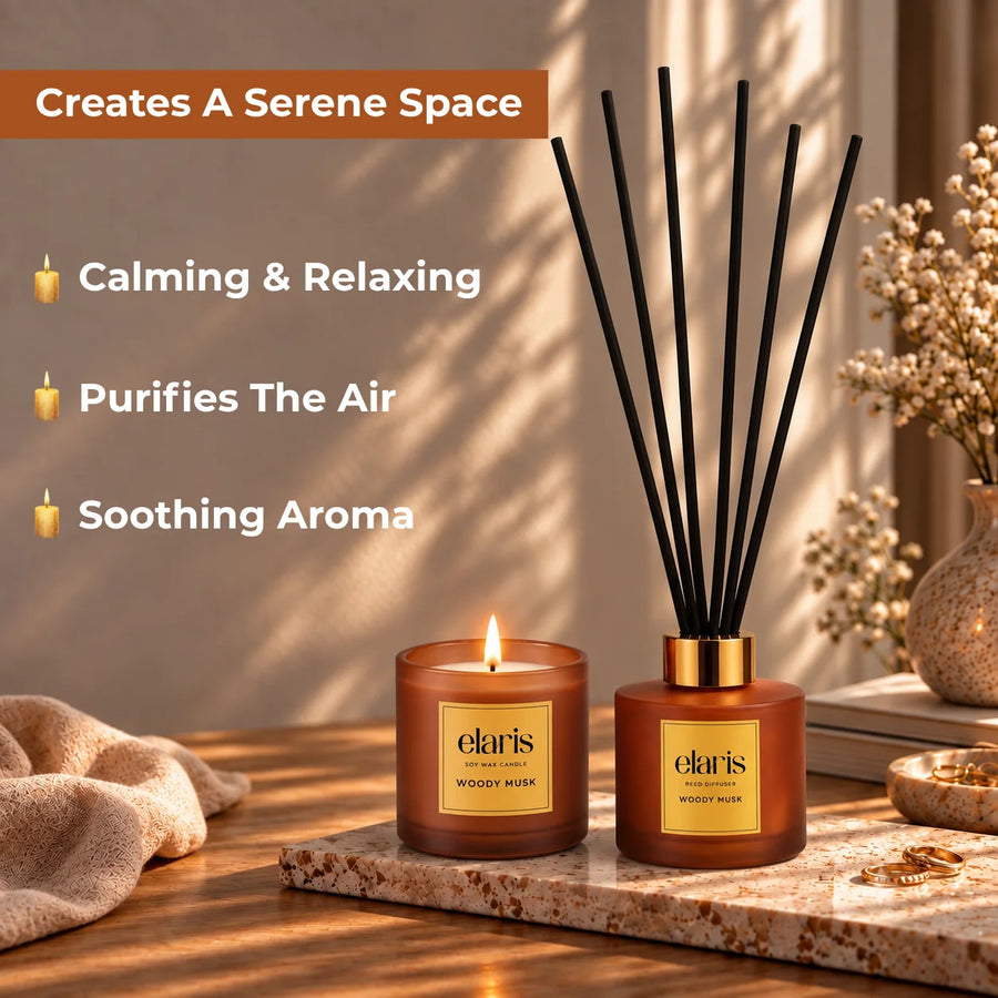 Elaris Woody Musk Candle & Reed Diffuser Gift Set