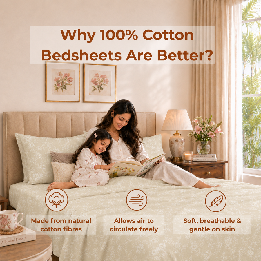 Elaris Self Print Beige Queen Flat 100% Cotton Bedsheet Set