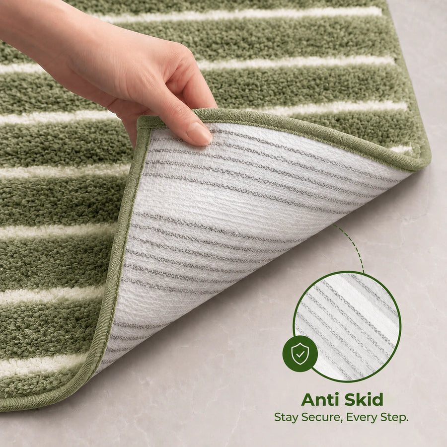 Sage Green & White Striped Anti Slip Bath Mat, 40 x 60 cm