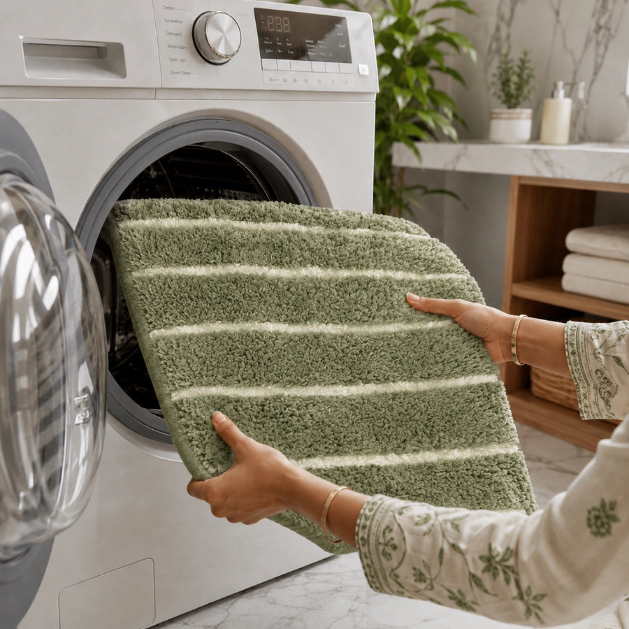 Sage Green & White Striped Anti Slip Bath Mat, 40 x 60 cm