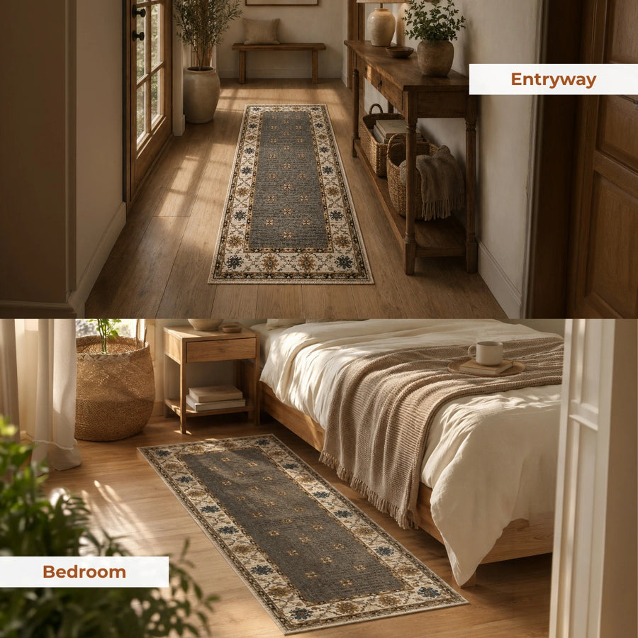 Charcoal Teal Heritage Anti-skid Washable Carpet & 2 Runner Set
