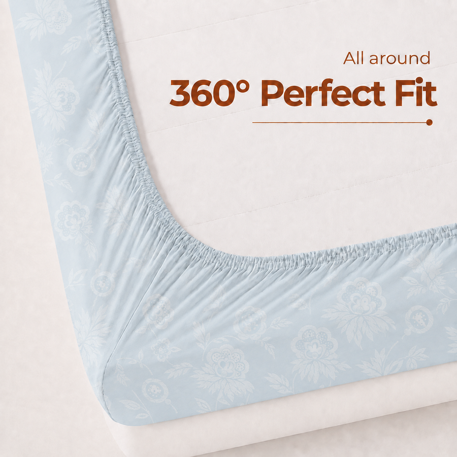 Elaris Self Print Powder Blue Queen Fitted 100% Cotton Bedsheet Set