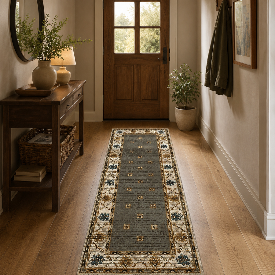 Charcoal Teal Heritage Anti-skid Washable Carpet & 2 Runner Set