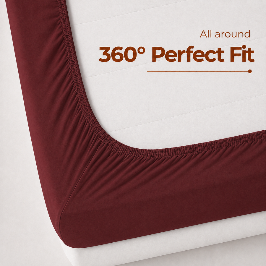Elaris Solid Maroon King Fitted 100% Cotton Bedsheet Set