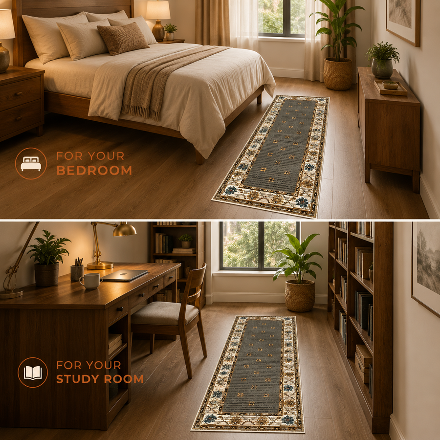 Charcoal Teal Heritage Anti-skid Washable Carpet & 2 Runner Set