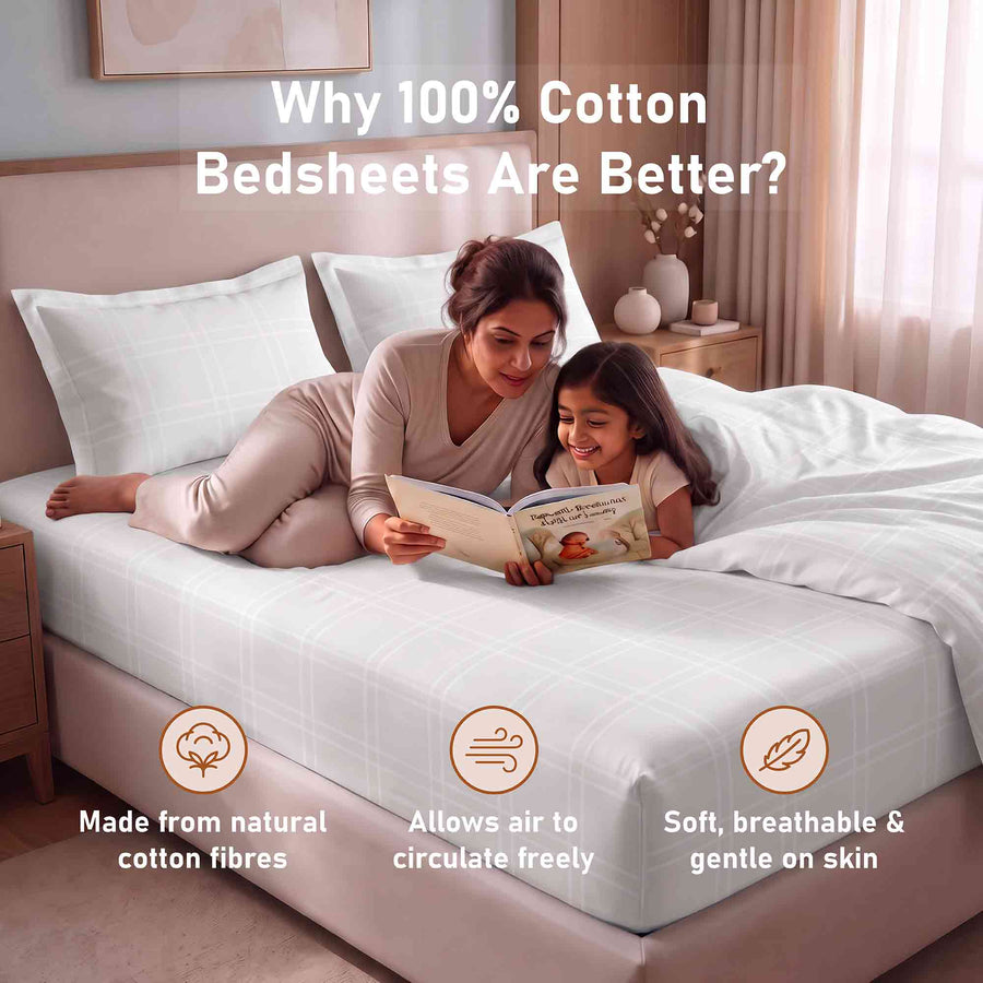 Windowpane Check King Flat 100% Cotton Bedsheet Set