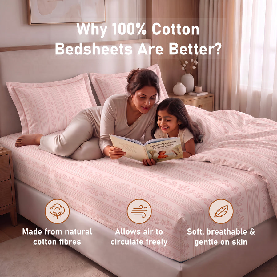Floral Ribbon Stripe King Flat 100% Cotton Bedsheet Set