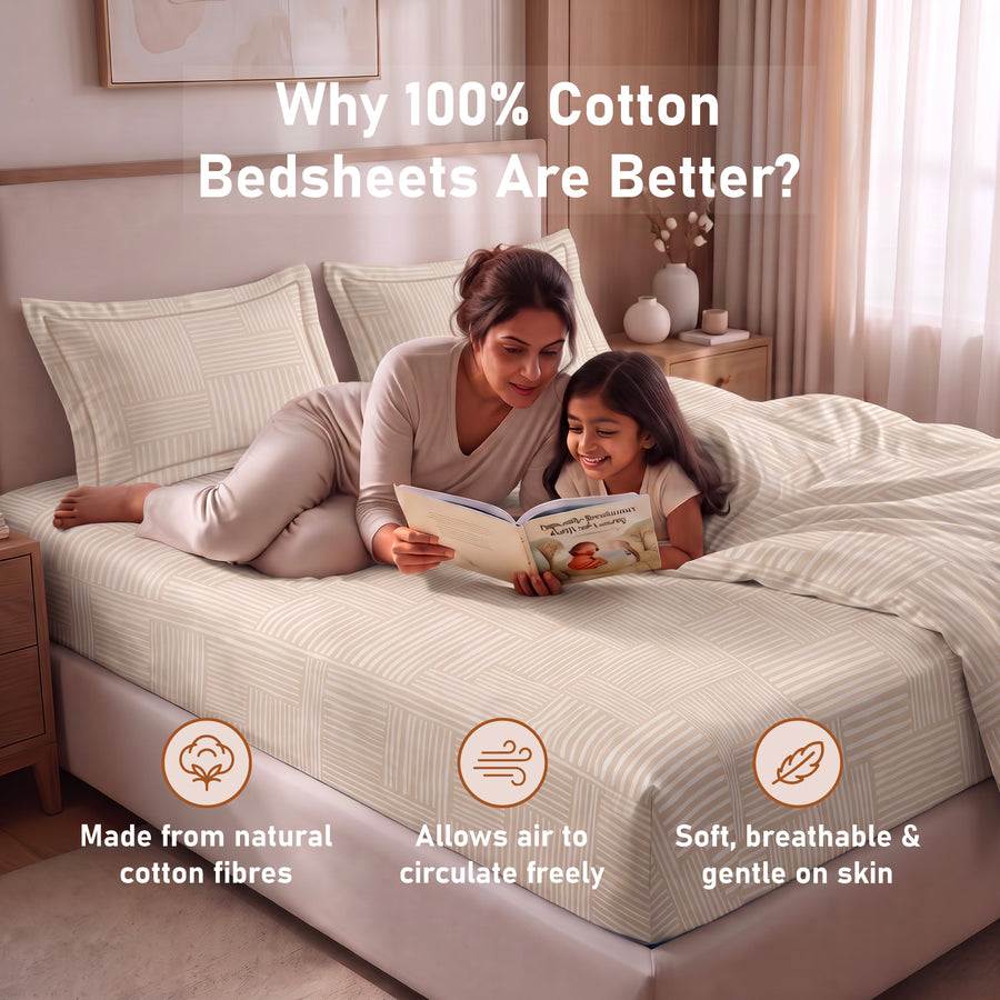 Basketweave Ivory King Flat 100% Cotton Bedsheet Set