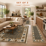 Charcoal Teal Heritage Anti-skid Washable Carpet & 2 Runner Set