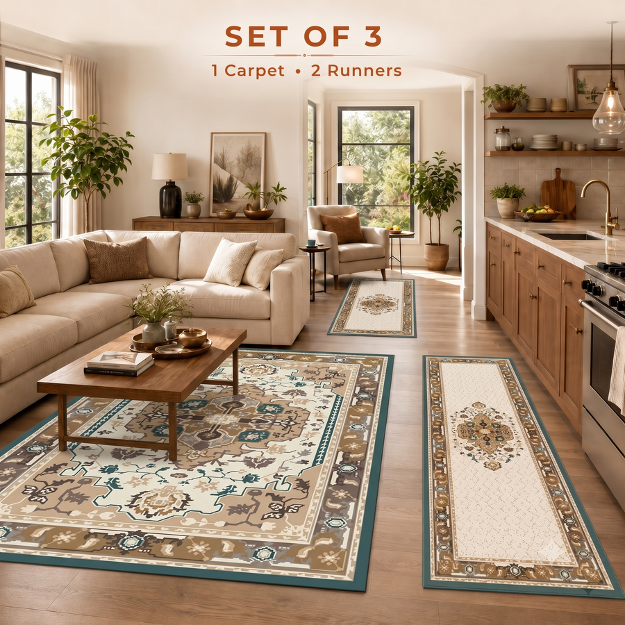 Ivory Heritage Anti-skid Washable Carpet & 2 Runner Set