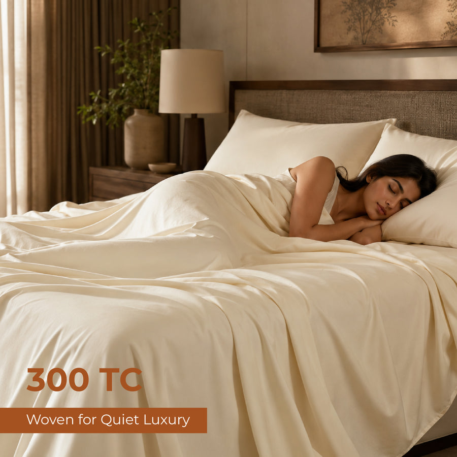 Pearl Ivory Queen Flat 100% Cotton 300 TC Bedsheet Set