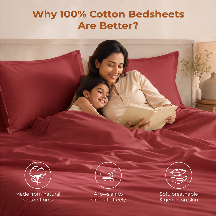 Elaris Solid Maroon King Flat 100% Cotton Bedsheet Set