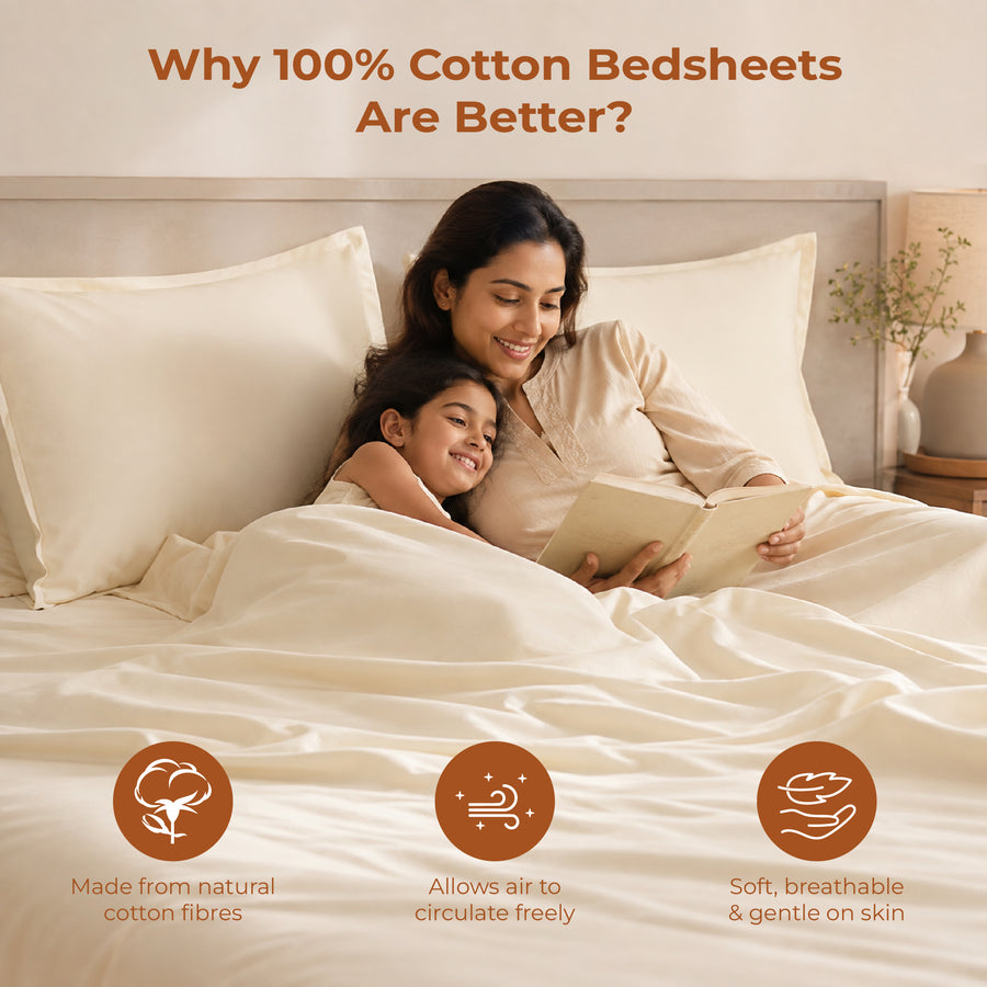 Pearl Ivory Queen Flat 100% Cotton 300 TC Bedsheet Set